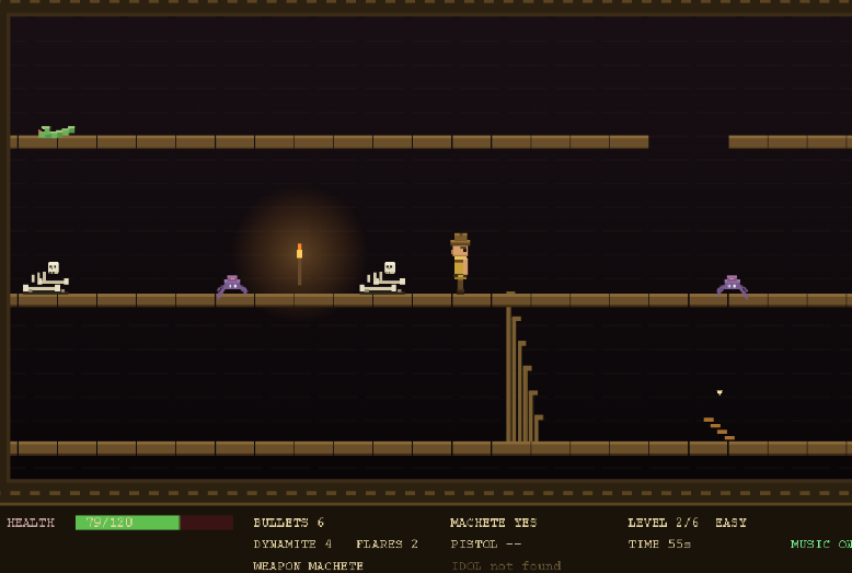 AZTEC browser game screenshot — a torch-lit Aztec temple level with the explorer, stairs, rubble and the dark interior, from Michael Fenton's 2026 remake of the 1982 Datamost game