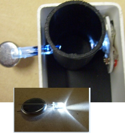 Light source for the colorimeter - coin button cell and LED - uses a 120 ohm resistor!