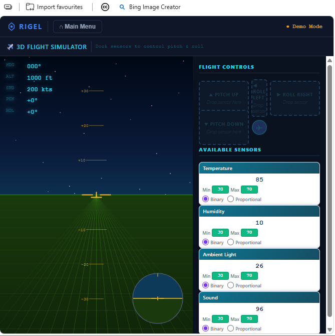 RIGEL-WEB 3D Flight Simulator module controlled by pitch and roll sensors