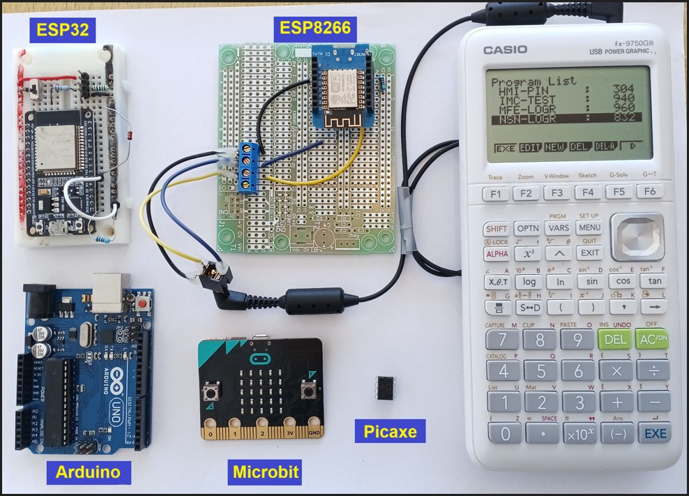 Casio FX-9750 and FX-9860 connects to Picaxe, ESP8266, ESP32, Microbit, and ARduino
