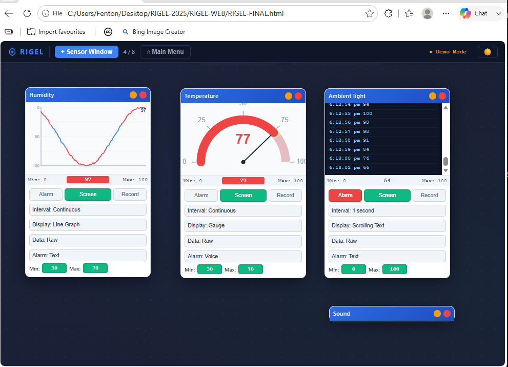 RIGEL-WEB Science Lab module showing multi-sensor display and live data logging in the browser