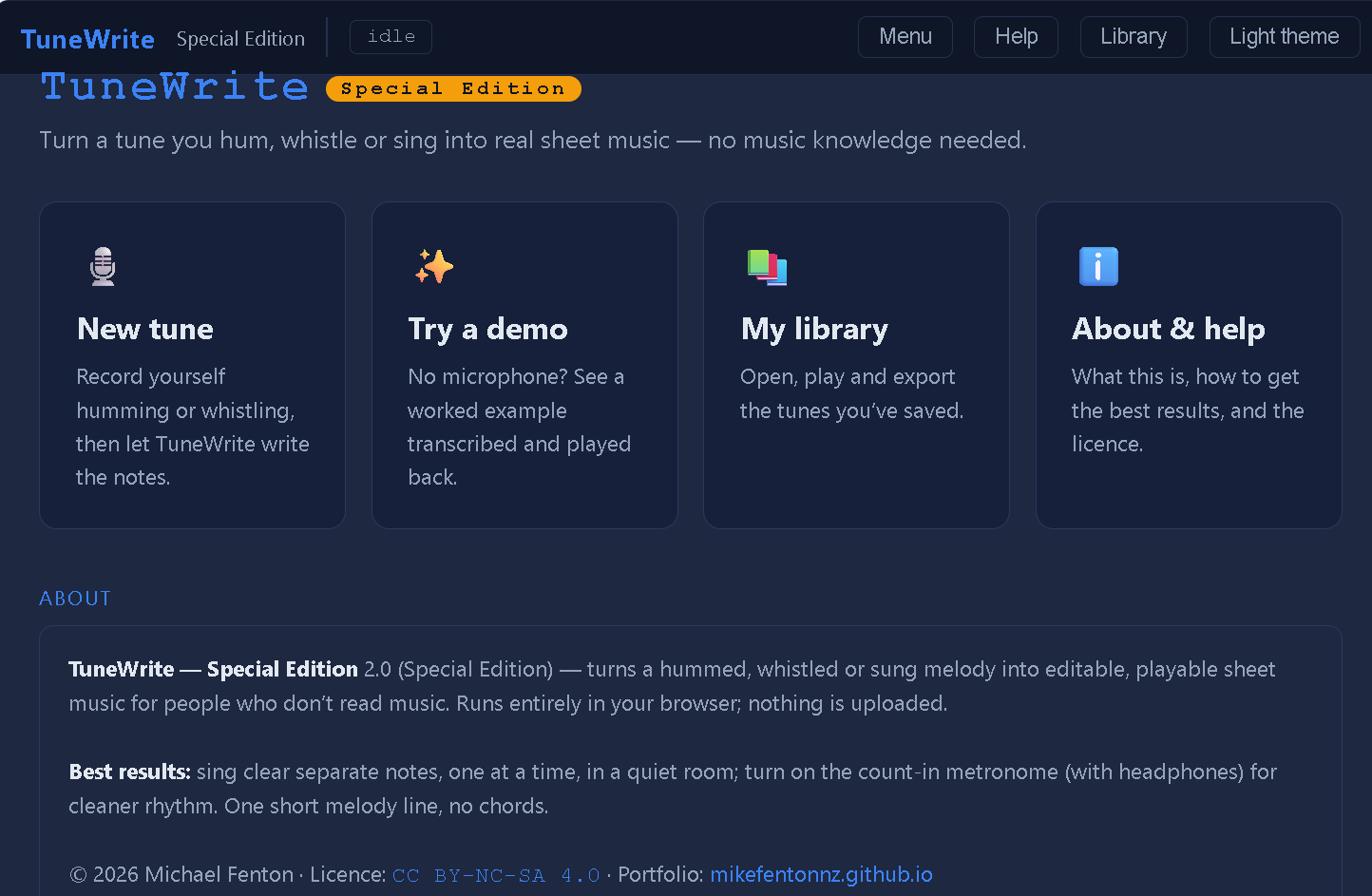 TuneWrite - standalone self-contained HTML app. Hum, whistle or sing a tune and see the resulting sheet music!